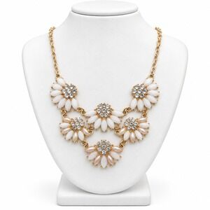 Vintage Floral Bib Statement Necklace White Gold Tone Resin Crystal 18-20"